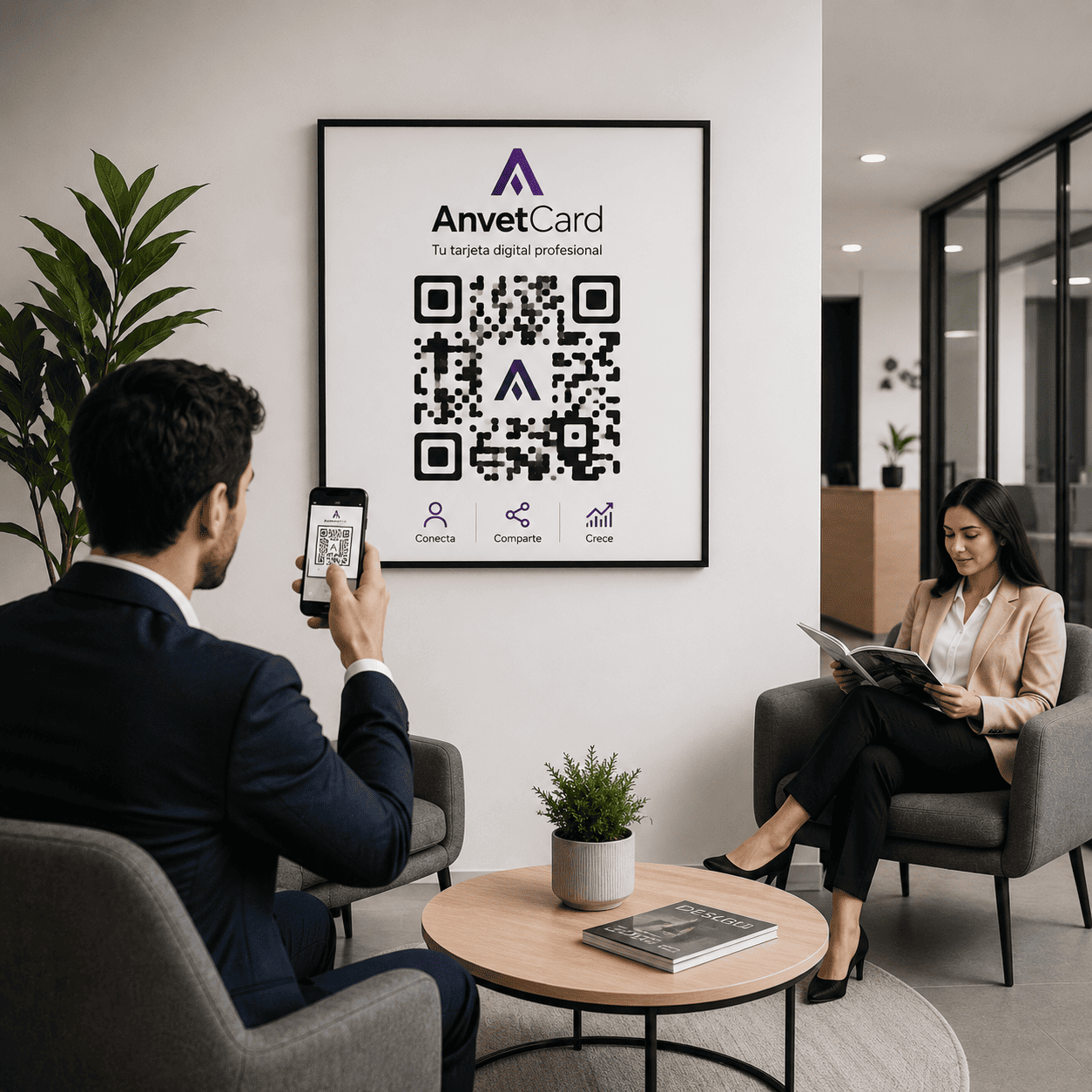 Llamador QR de AnvetCard sobre un escritorio